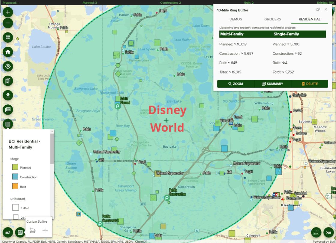 10-mile radius around Disney World from Planned Grocery
